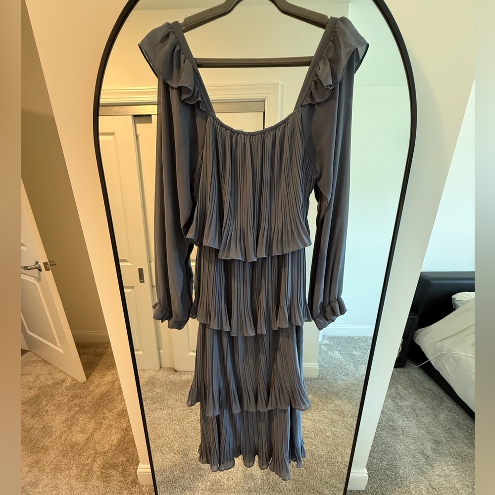 Just Me Long Sleeve Tiered Gray Dress